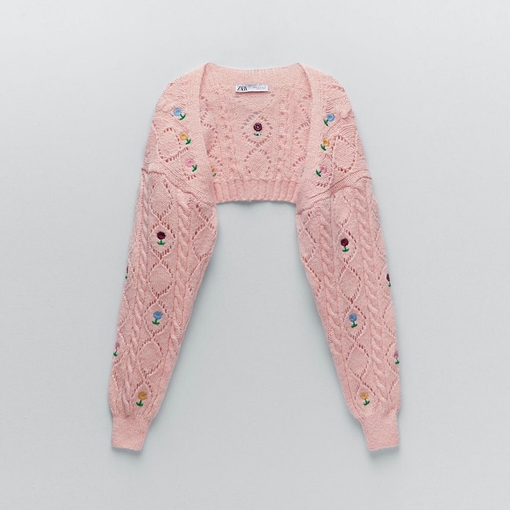 Zara Pink Floral Embroidered Cropped Cardigan - Picture 4 of 16
